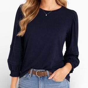 Crown & Ivy Womens True Black Puff Ruffle Sleeve Smocked Cuff Knit Top Small